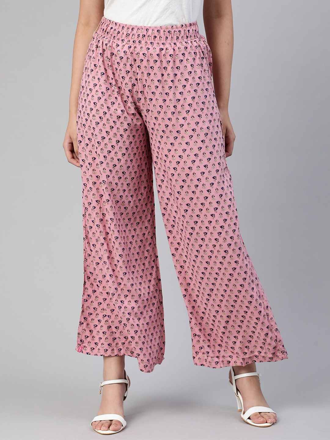 

LYRA Women Pink & Navy Blue Floral Printed Flared Knitted Palazzos