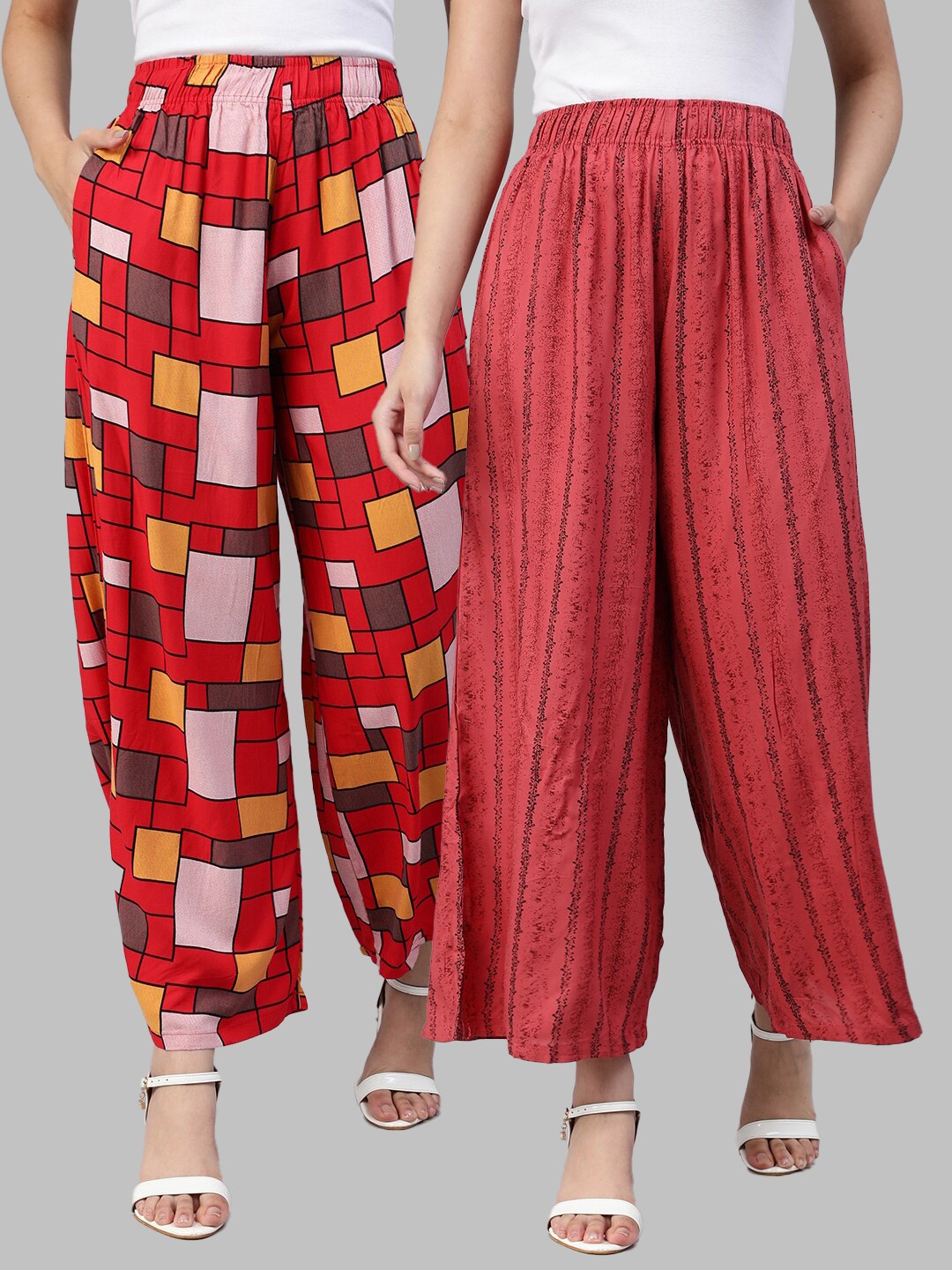 

LYRA Women Assorted Pack of 2 Printed Flared Knitted Palazzos