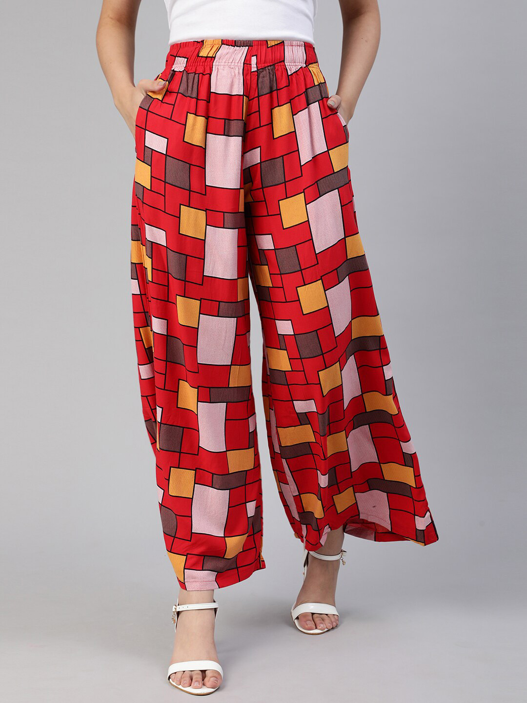 

LYRA Women Red & Yellow Printed Flared Knitted Palazzos