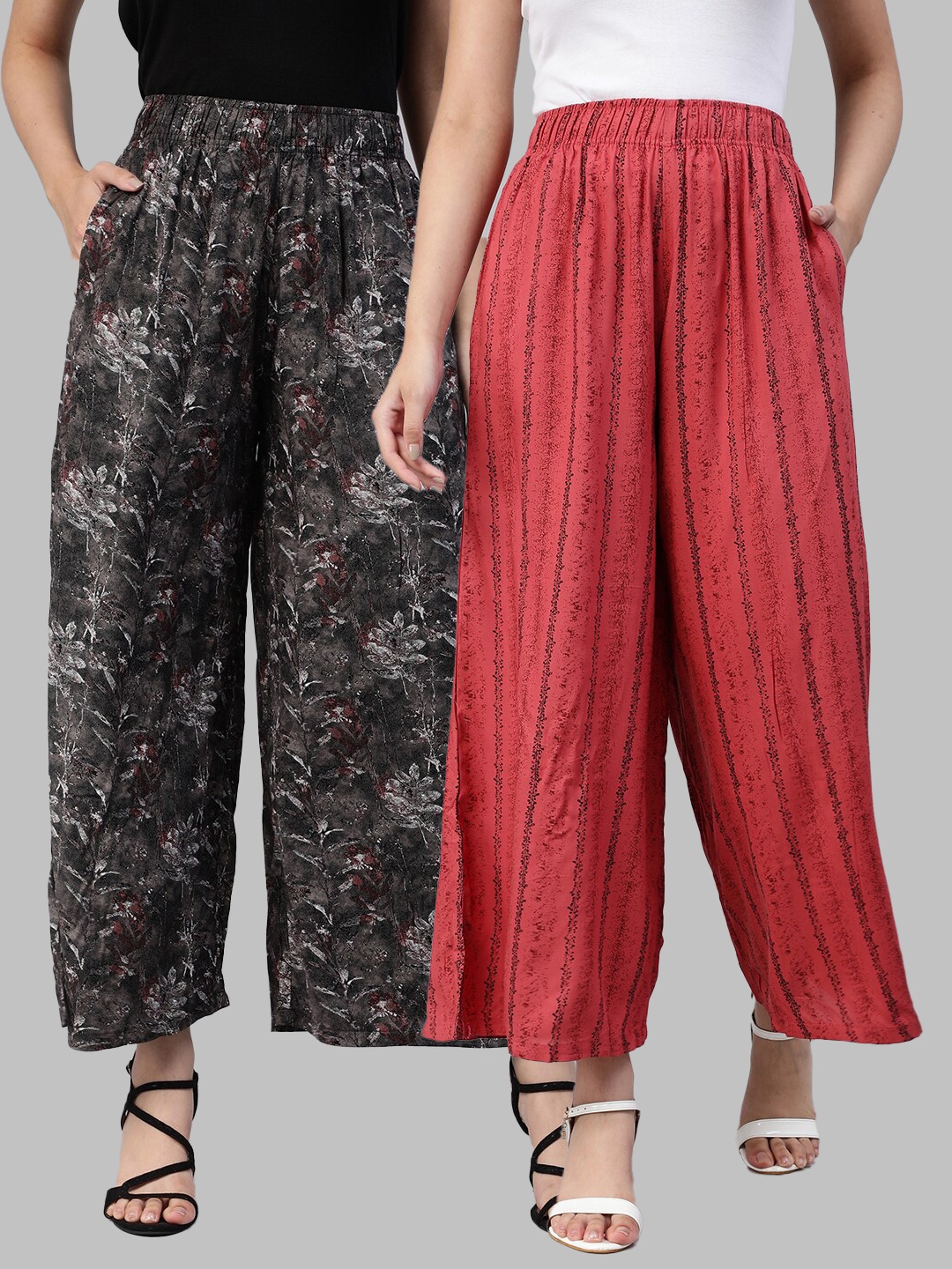 

LYRA Women Assorted Pack of 2 Floral Printed Flared Knitted Palazzos
