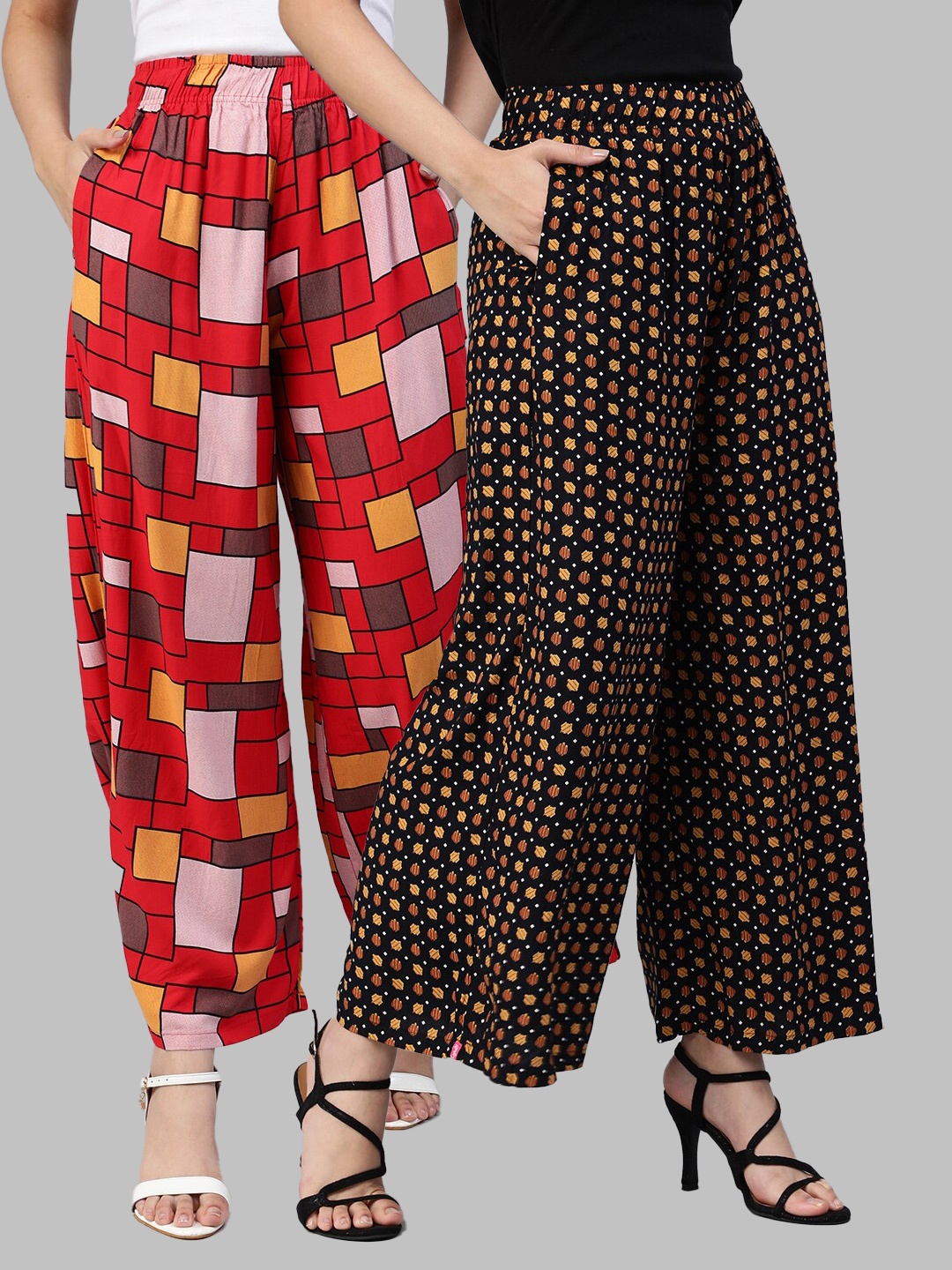LYRA Women Assorted Pack of 2 Printed Flared Knitted Ethnic Palazzos