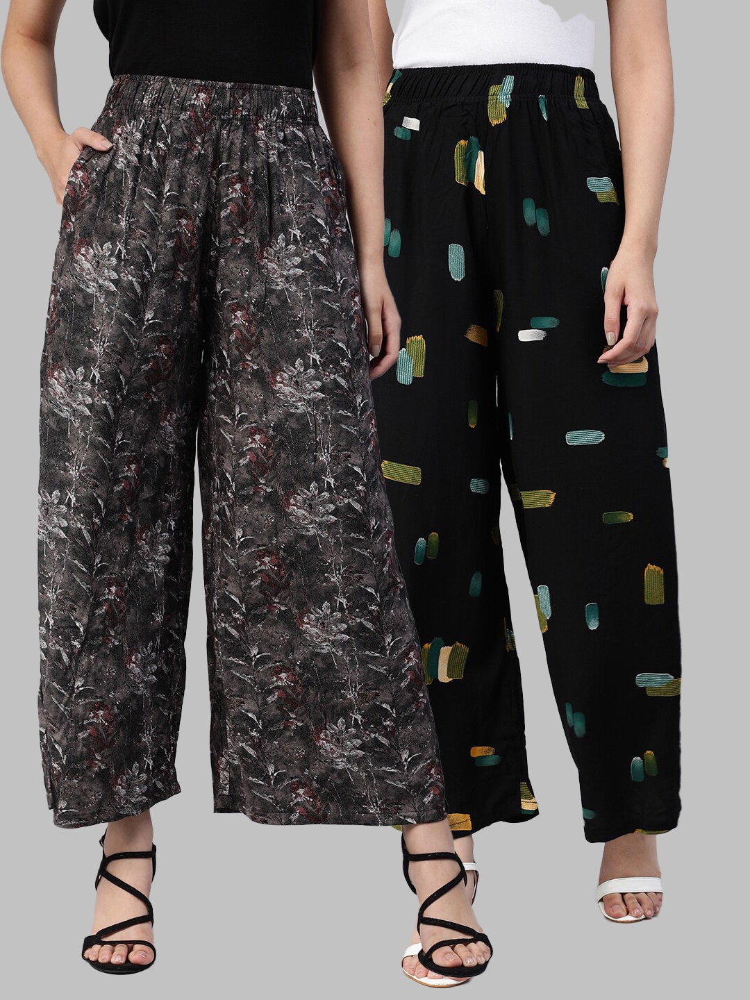 

LYRA Women Assorted Pack of 2 Printed Flared Knitted Palazzos