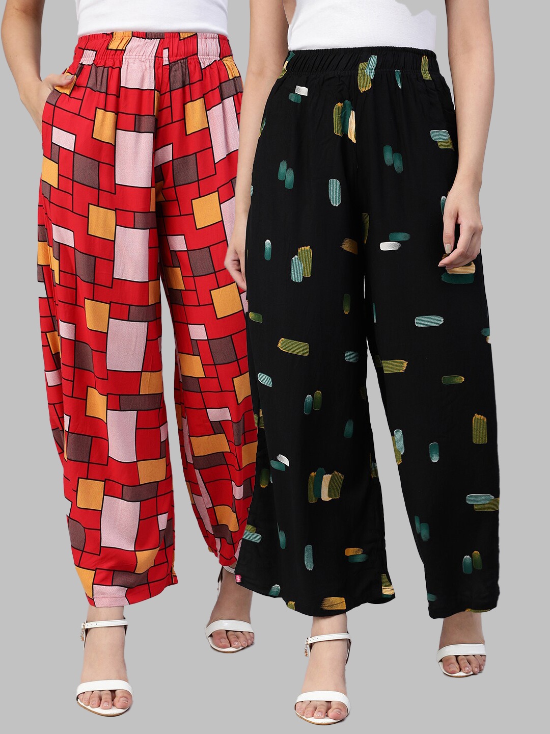 

LYRA Women Assorted Pack of 2 Printed Flared Knitted Ethnic Palazzos