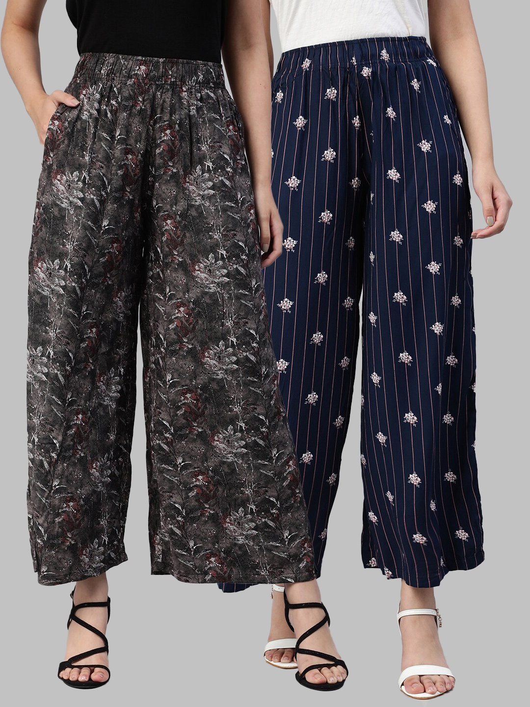 

LYRA Women Assorted Pack of 2 Floral Printed Flared Knitted Palazzos