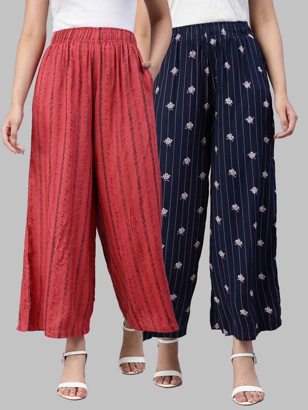 LYRA Women Rust & Navy Blue Pack Of 2 Floral Printed Flared Knitted Palazzos