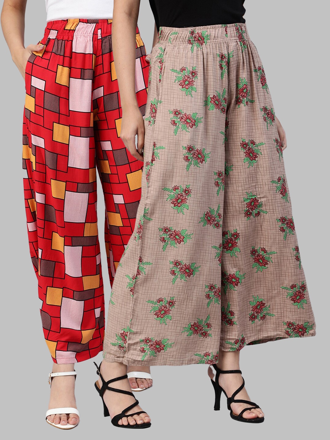 

LYRA Women Assorted Pack of 2 Printed Flared Knitted Palazzos