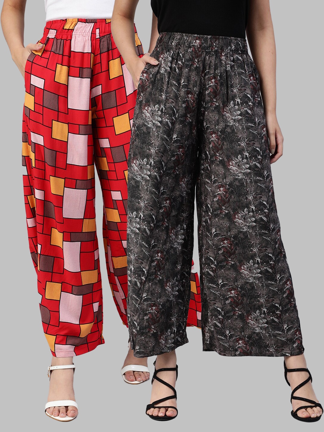 

LYRA Women Red & Charcoal Pack Of 2 Printed Flared Knitted Palazzos