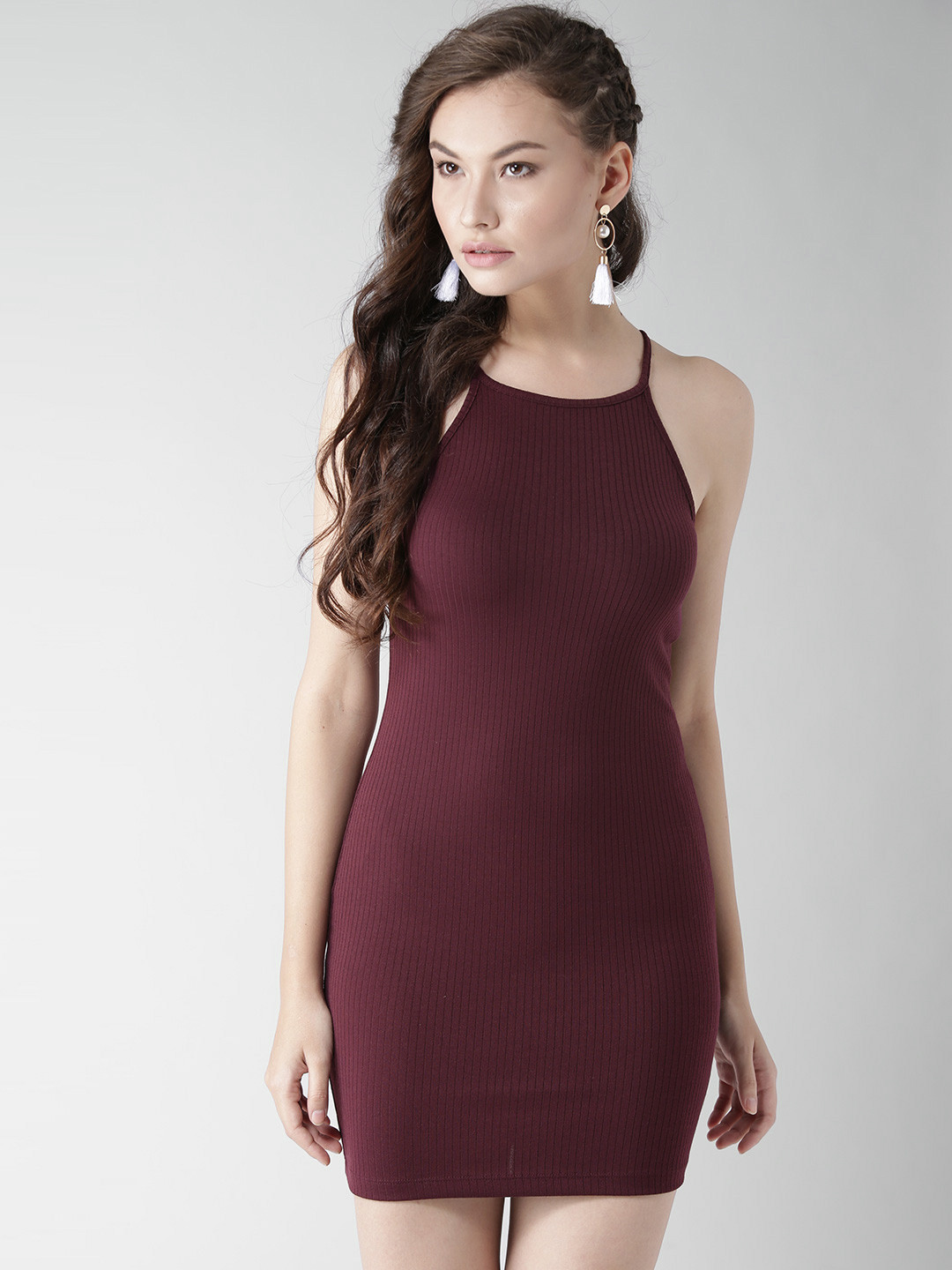 

FOREVER 21 Women Burgundy Solid Bodycon Dress