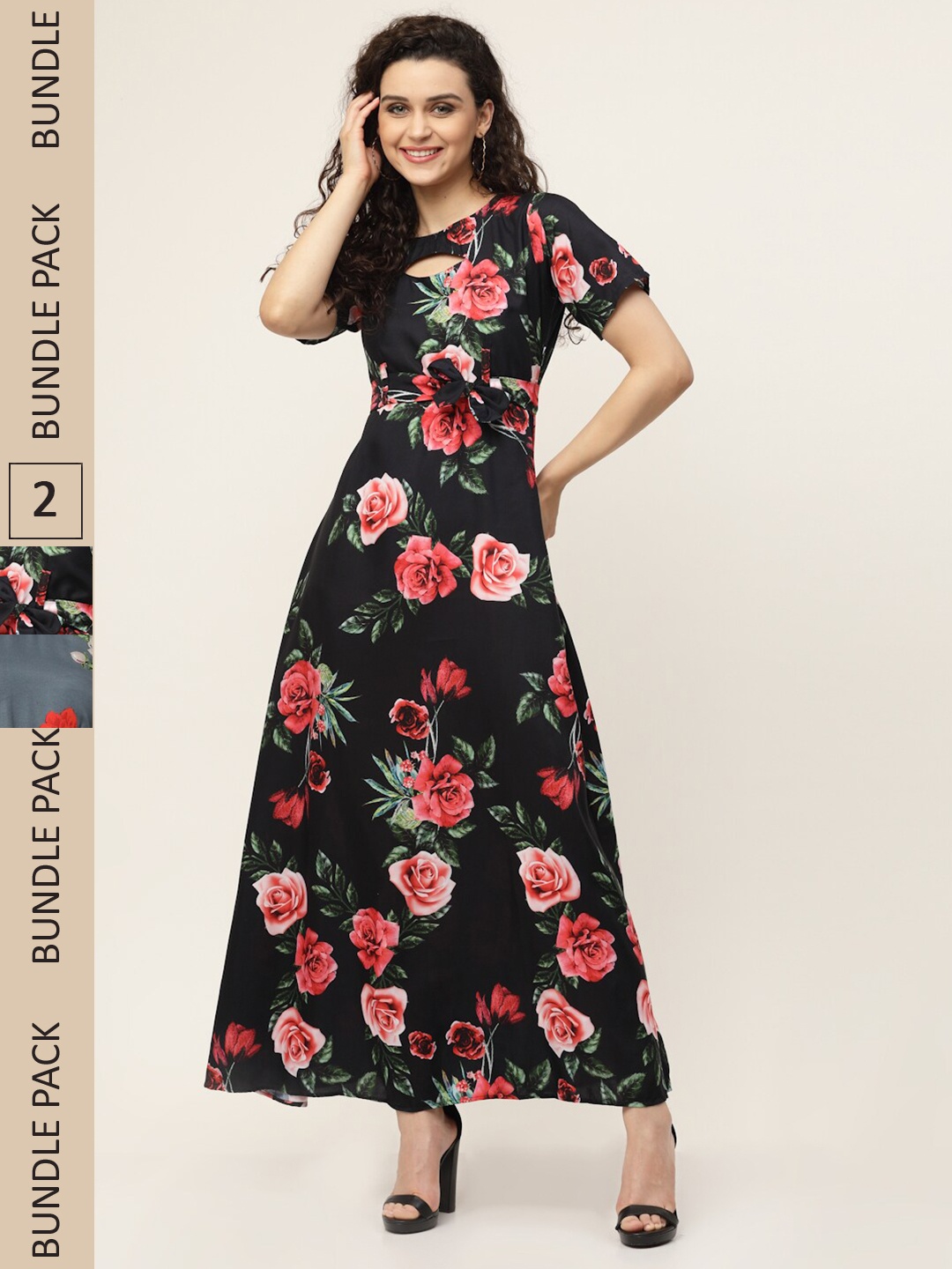 

MISS AYSE Black & Grey Pack of 2 Floral Keyhole Neck Maxi Dress