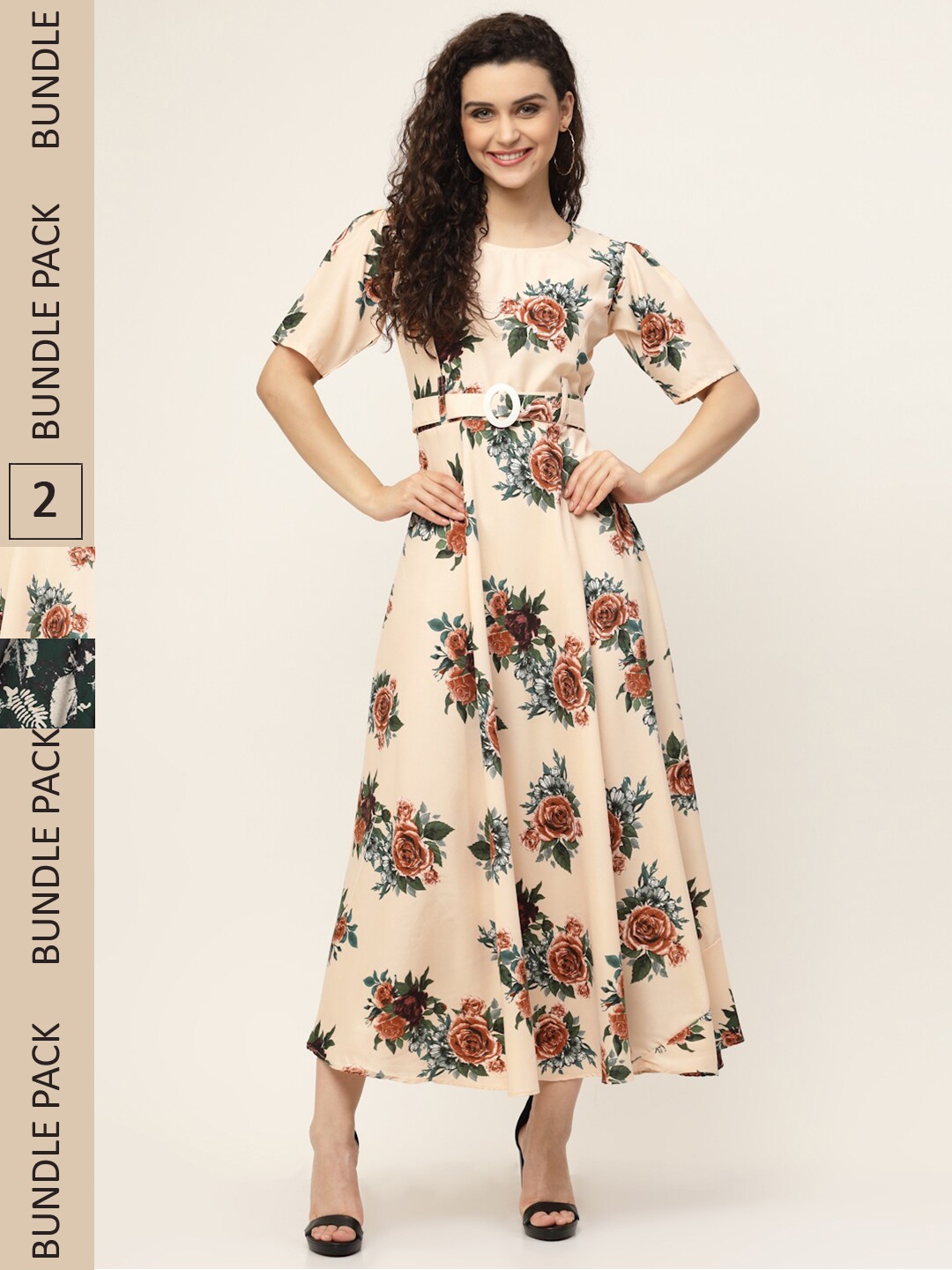 

MISS AYSE Cream-Coloured & Green Floral Ethnic Maxi Dress