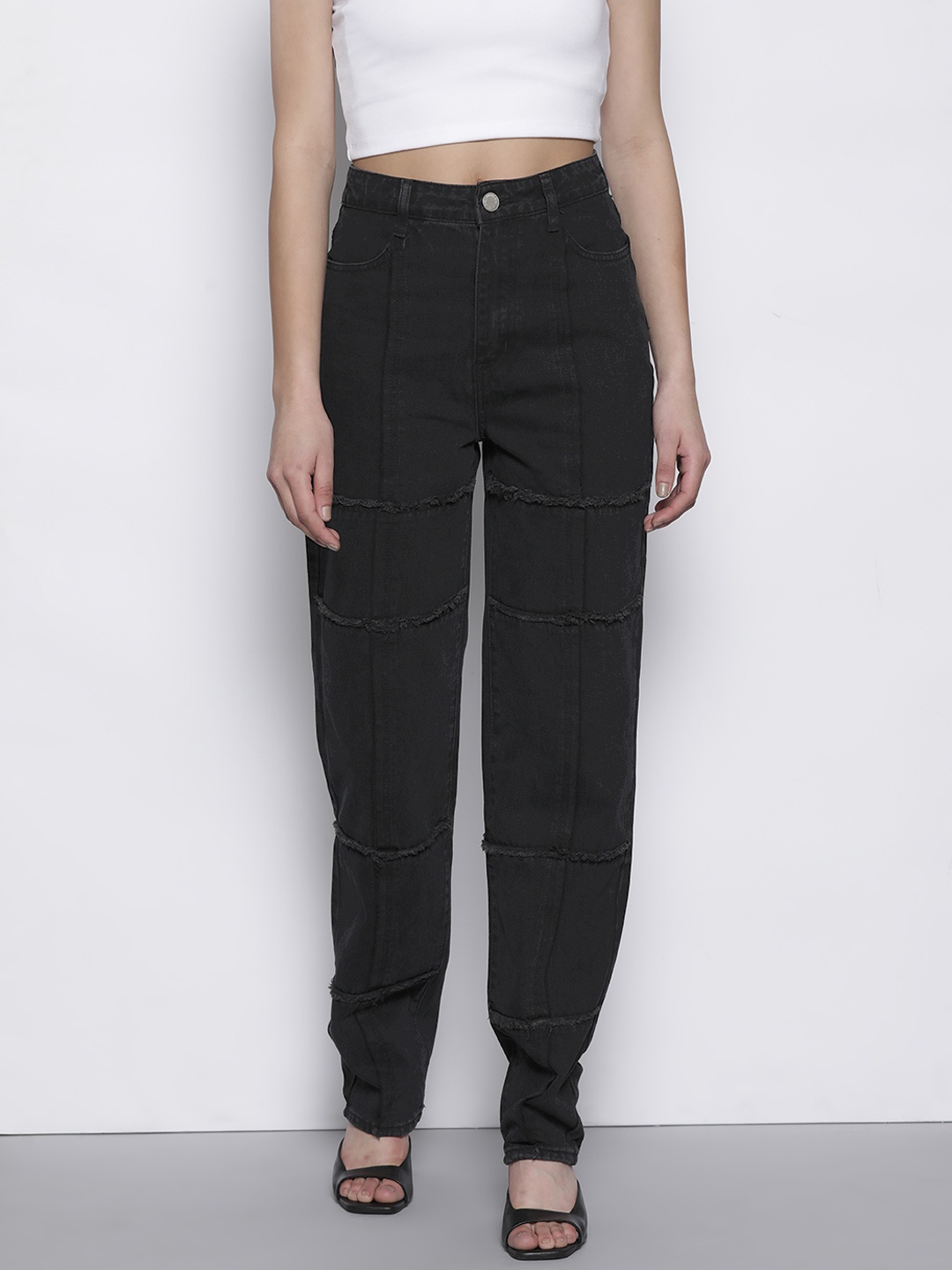 

NASTY GAL Women Relaxed Fit Jeans With Fringed Detail, Black