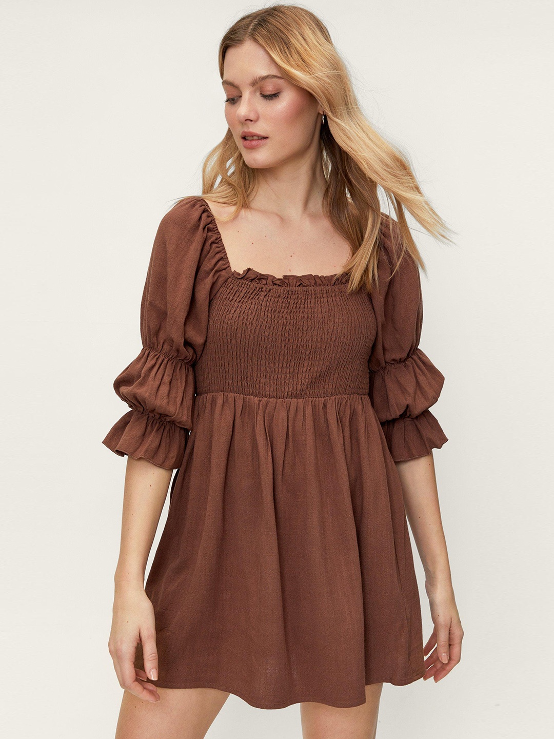 

NASTY GAL Smocked A-Line Mini Dress, Brown