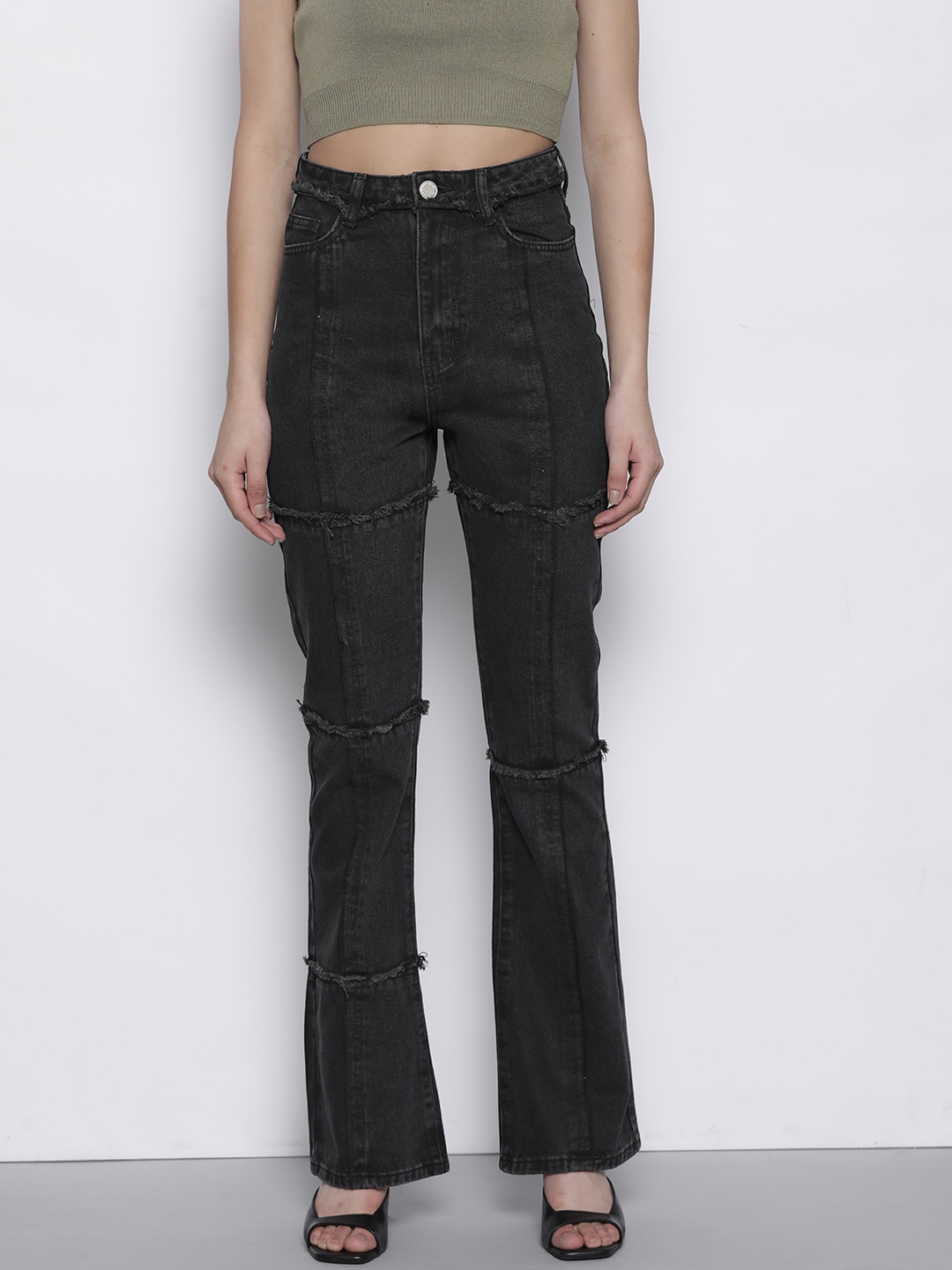 

NASTY GAL Women Black Flared Fit Jeans with Fringed Detail