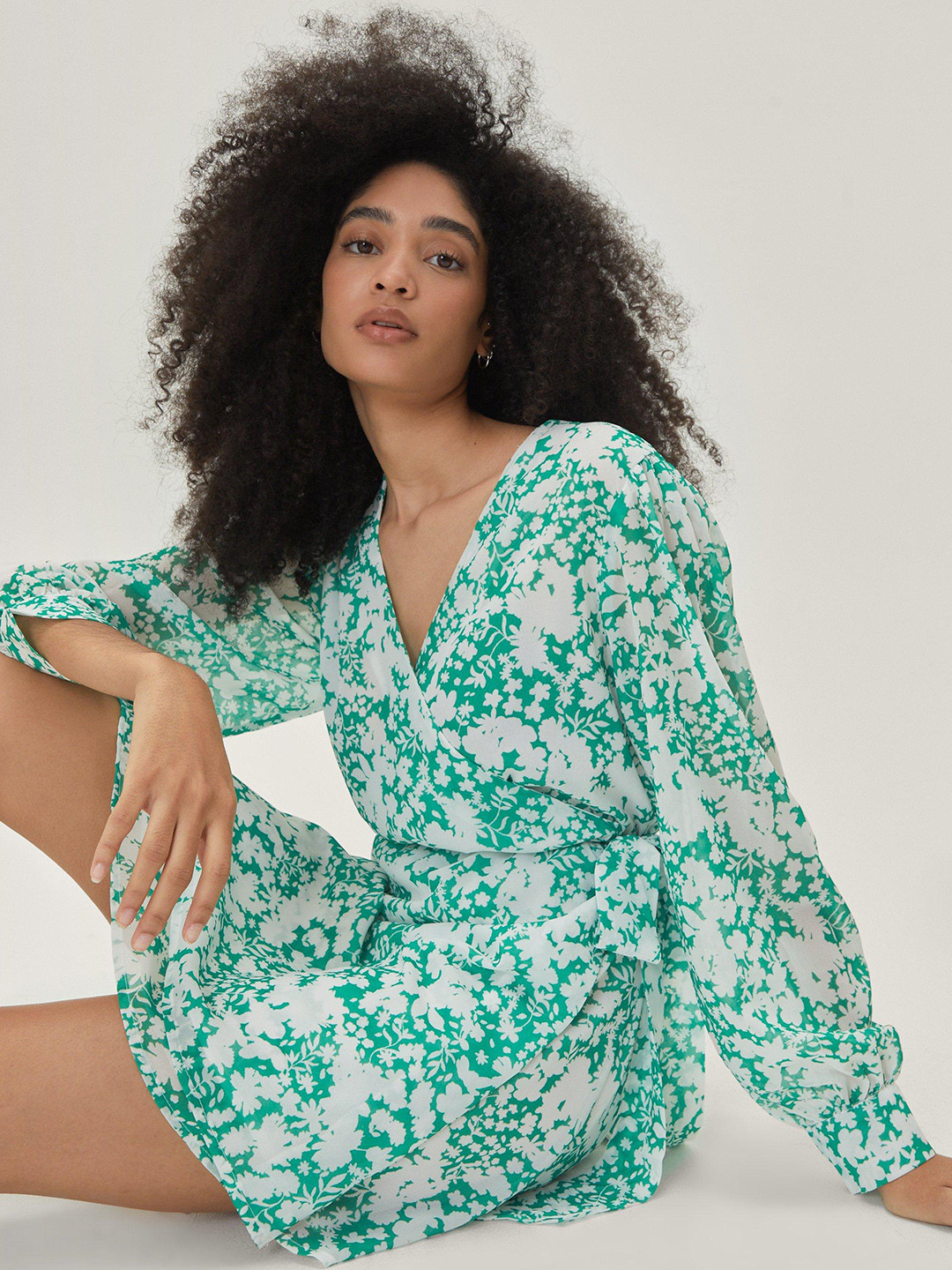 

NASTY GAL Floral Mini Wrap Dress, Green