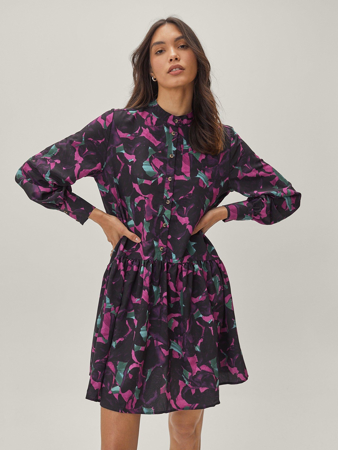 

NASTY GAL Printed Smocked Shirt Mini Dress, Purple
