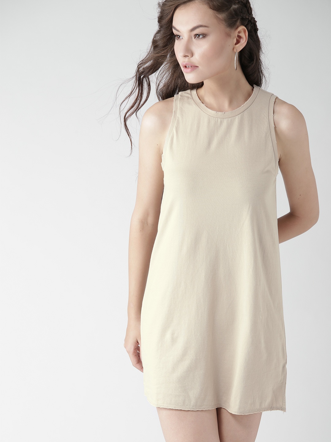 

FOREVER 21 Women Beige Solid A-Line Dress