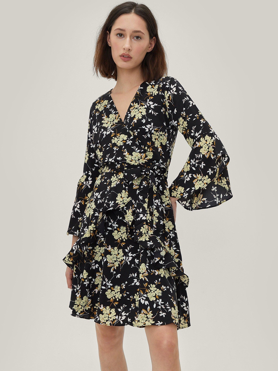 

NASTY GAL Floral Frill Detailed Mini Dress, Black