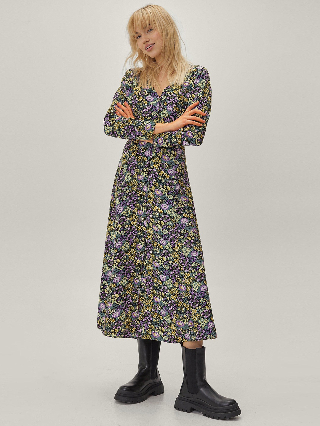 

NASTY GAL Floral A-Line Midi Dress, Black