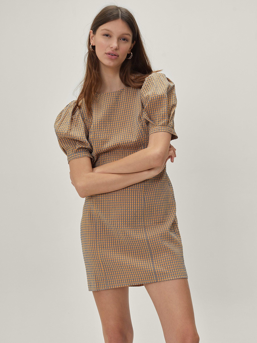 

NASTY GAL Gingham Checked Sheath Mini Dress, Mustard