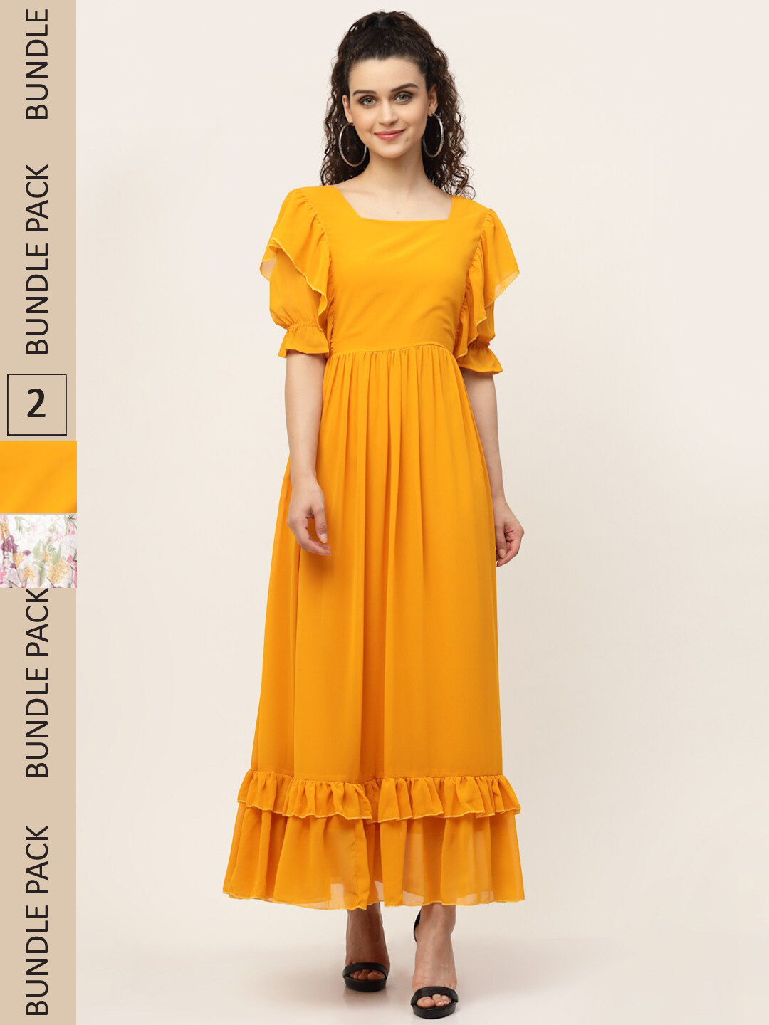 

MISS AYSE Mustard Yellow & Cream-Coloured Ethnic Maxi Dress Pack of 2