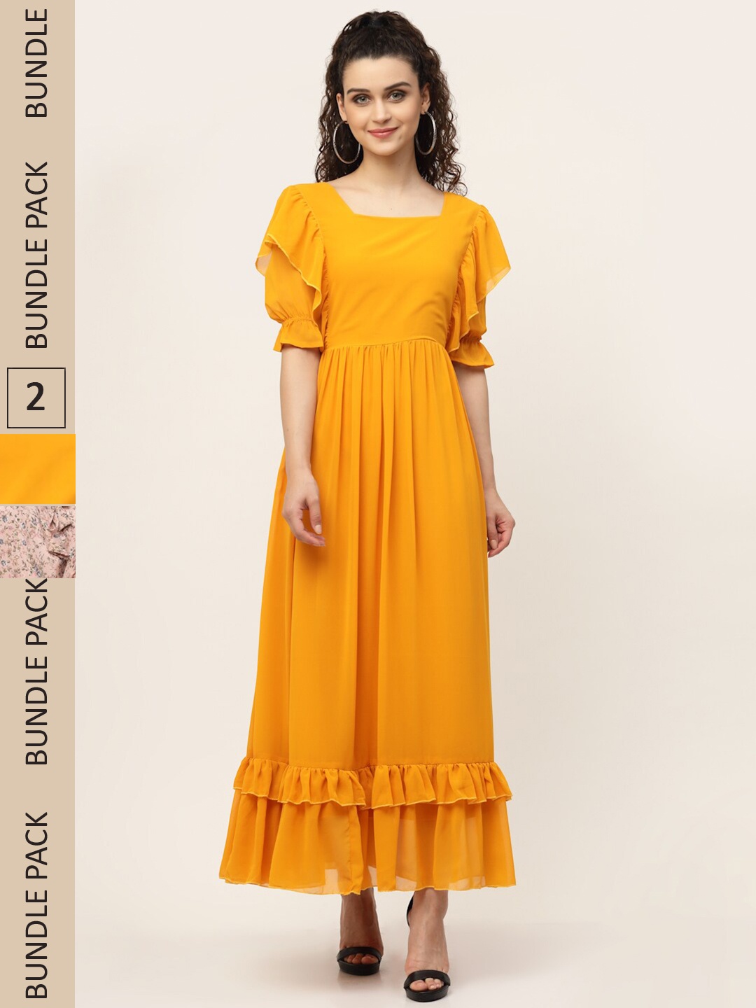 

MISS AYSE Mustard Yellow & Beige Ethnic Maxi Dress Pack of 2