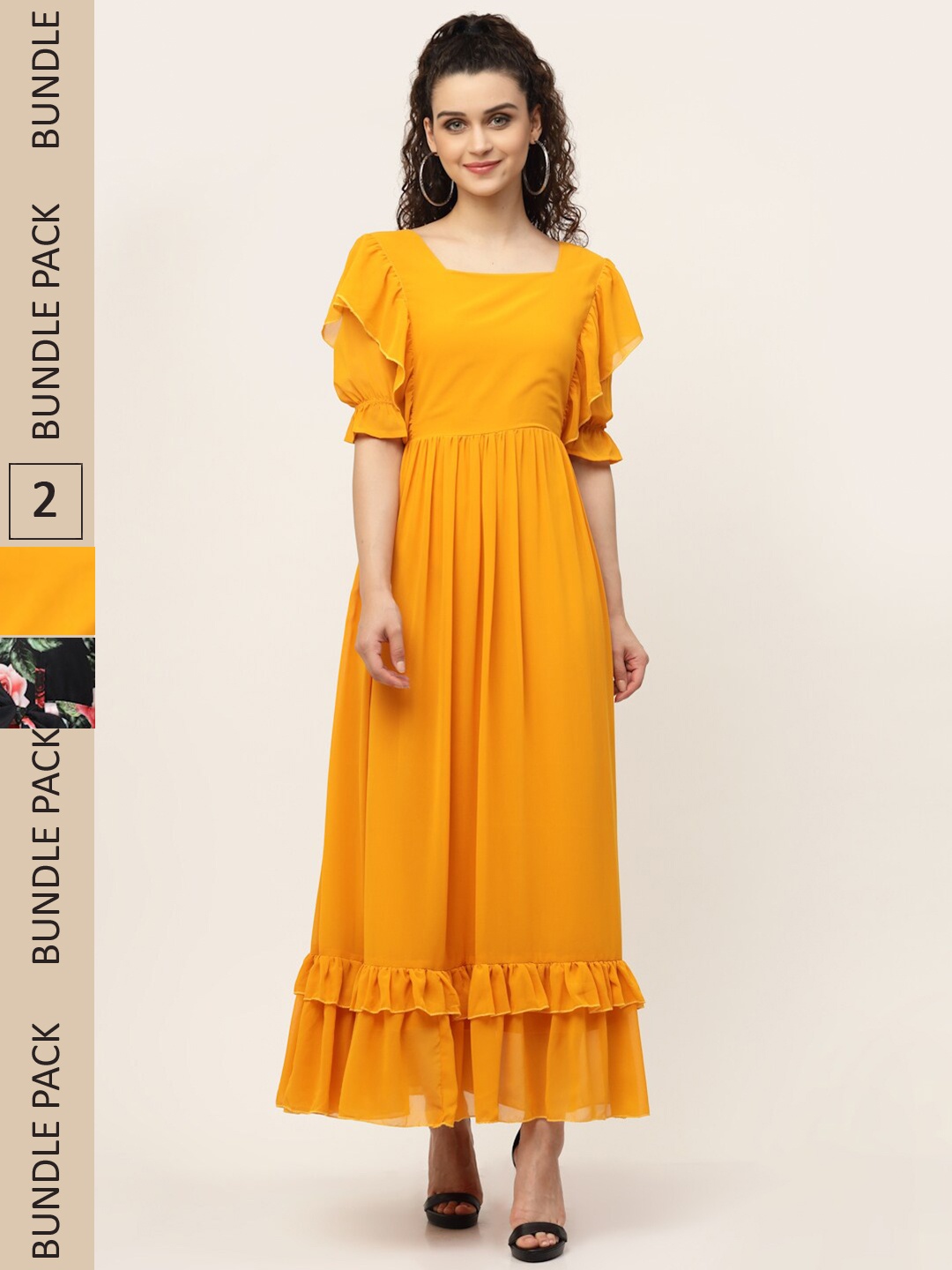 

MISS AYSE Mustard Yellow & Black Ethnic Maxi Dress Pack of 2