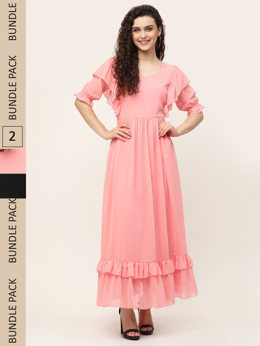 

MISS AYSE Peach-Coloured & Black Pack of 2 Georgette Maxi Dress
