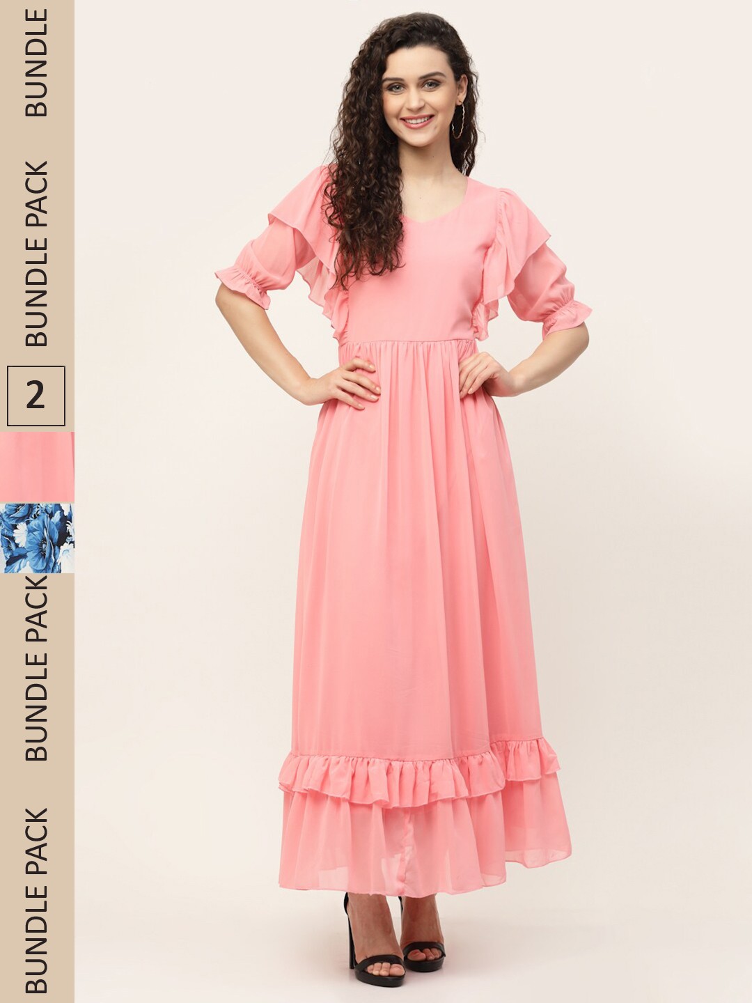 

MISS AYSE Peach-Coloured & White Pack of 2 Georgette Maxi Dress