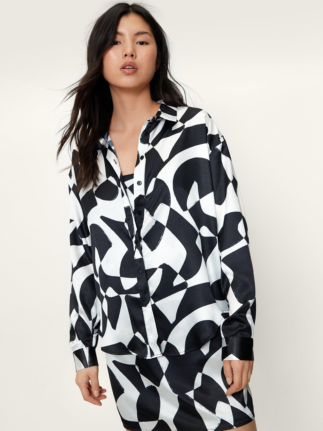 

NASTY GAL Women Printed Satin Finish Casual Shirt, Black