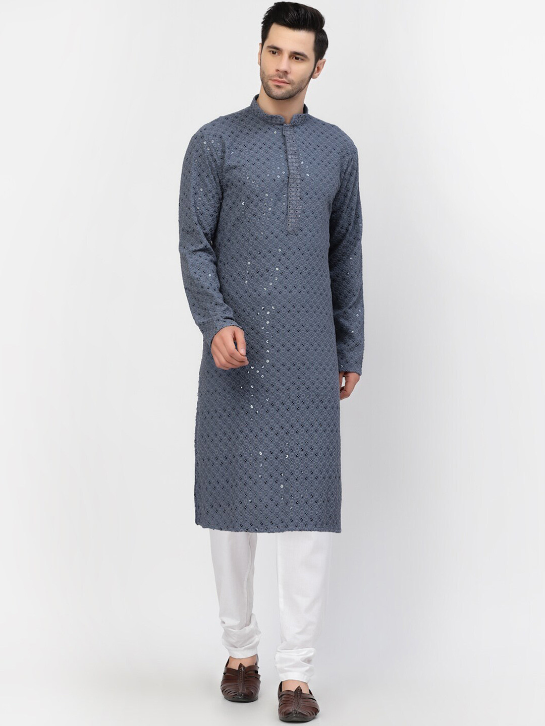 

MOHANLAL SONS Men Grey Embroidered Sequinned Pure Cotton Kurta with Churidar