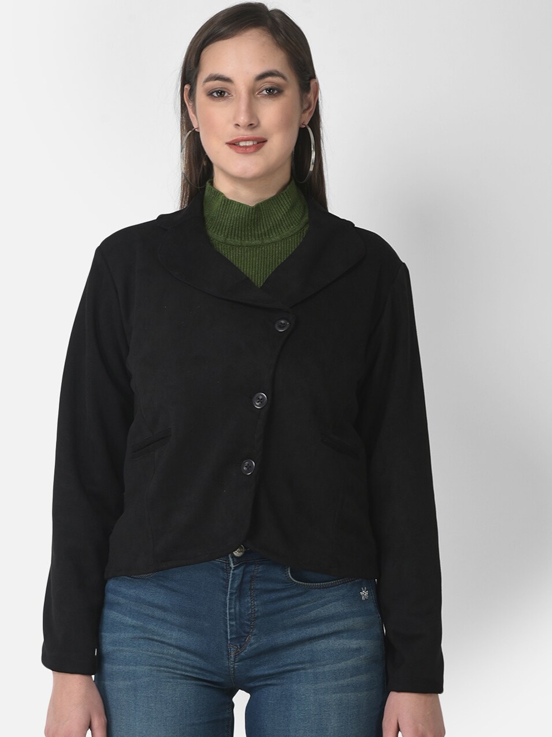 

FNOCKS Women Black Fleece Crop Tailored Jacket