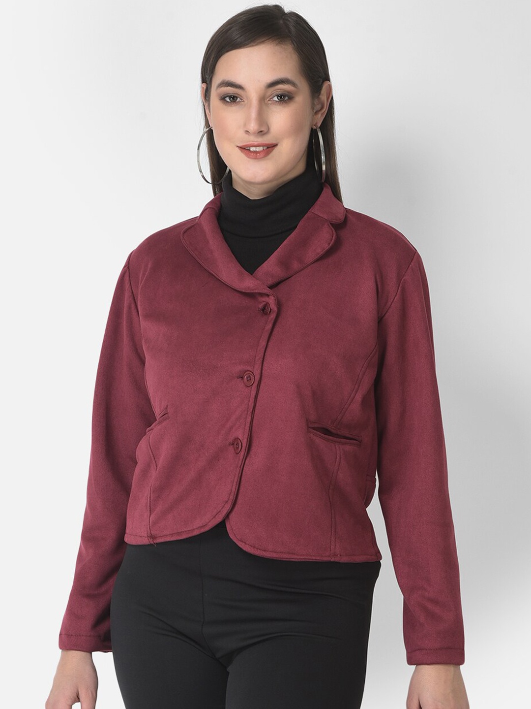 

FNOCKS Women Maroon Fleece Crop Tailored Jacket