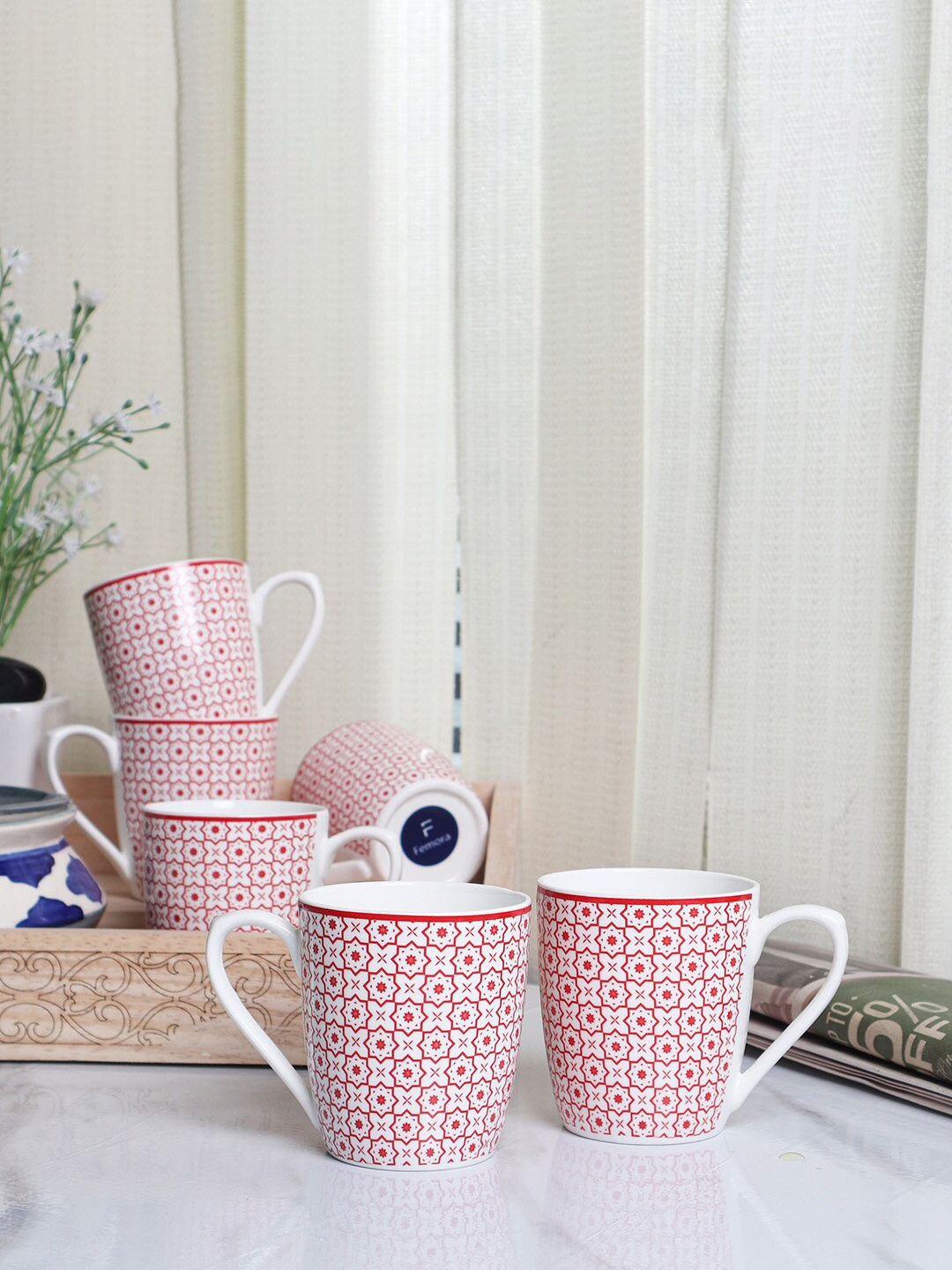 

Femora Desh ki Mitti Set of 6 Red Geometric Printed Bone China Glossy Cups 160 Ml Each