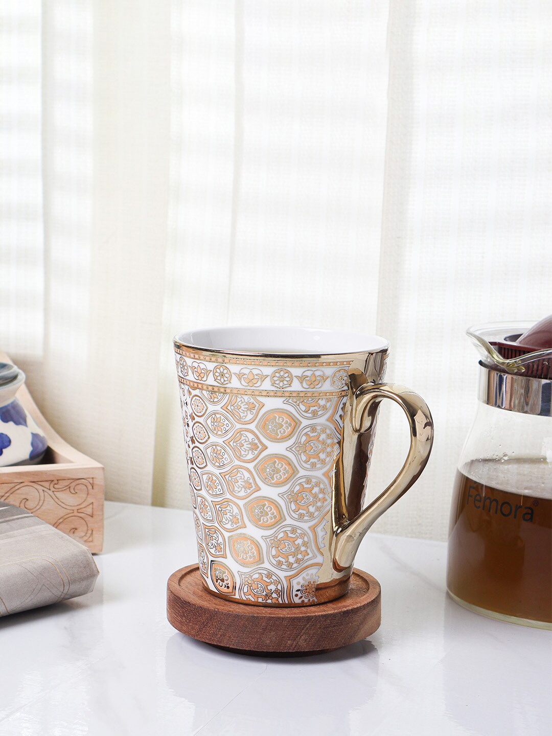 

Femora Set of 2 Gold-Toned & White Printed Bone China Glossy Mugs 330 ML Each