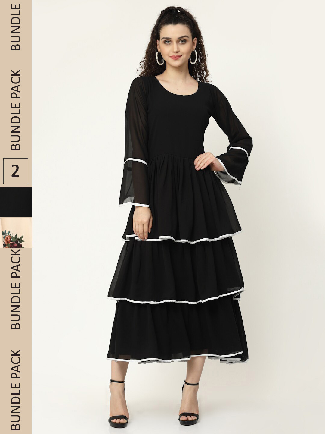 

MISS AYSE Black & Cream-Coloured Pack of 2 Floral Printed Midi Dress
