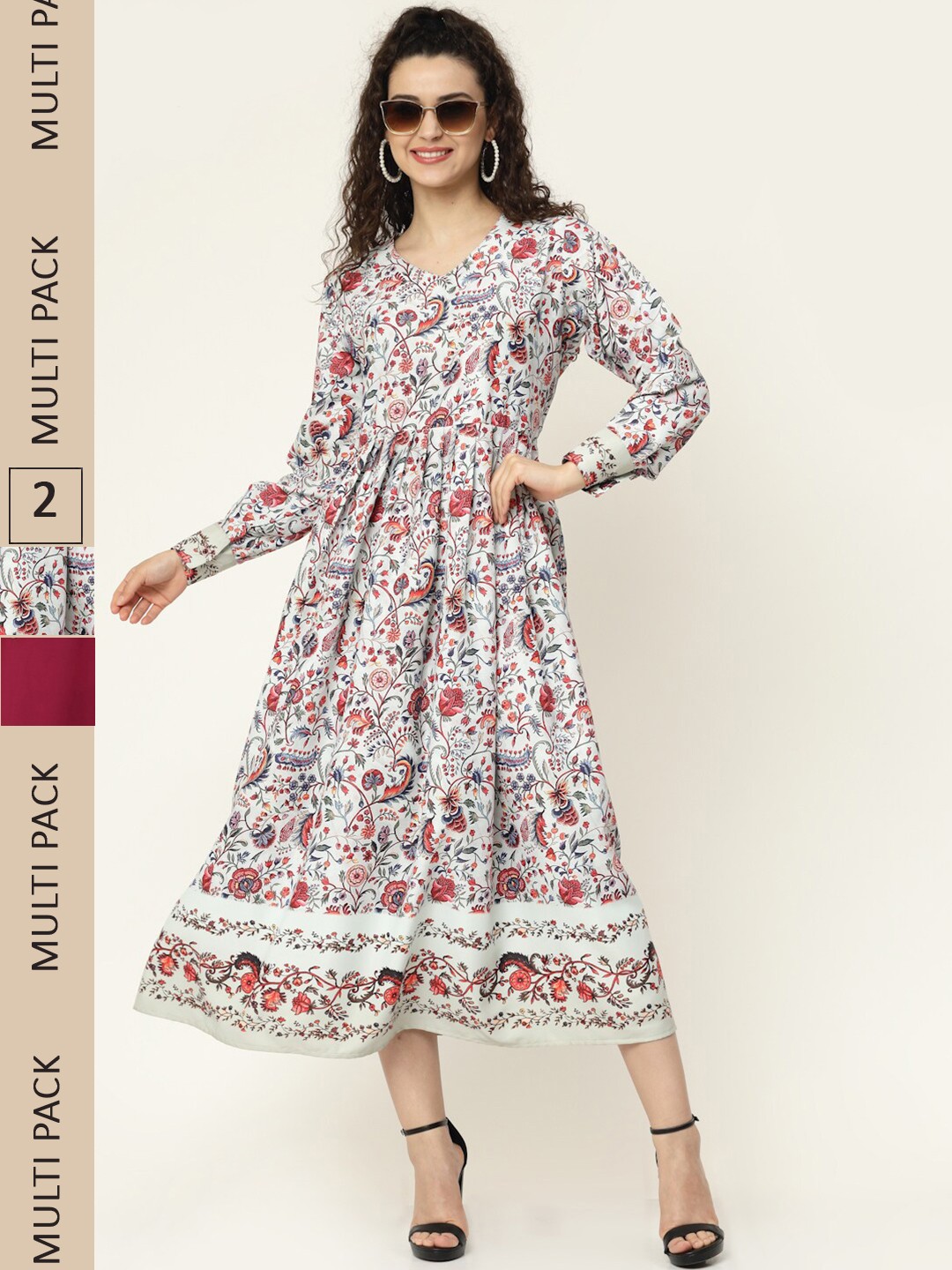 

MISS AYSE Maroon & Grey Floral Ethnic Midi Dress Pack of 2
