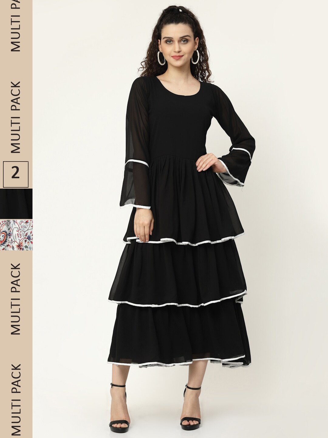 

MISS AYSE Black & Off White Pack Of 2 Layered Georgette Midi Dress