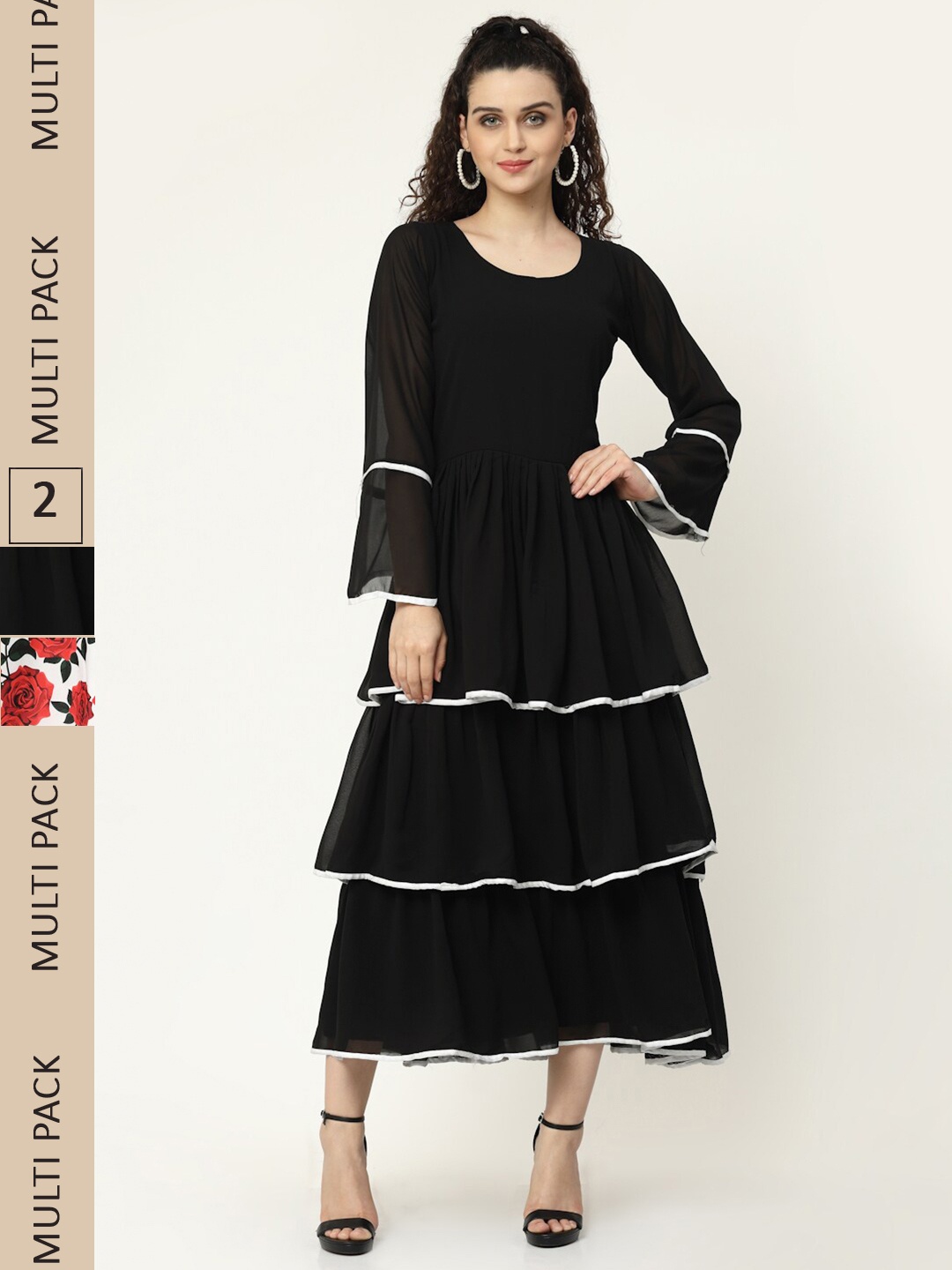 

MISS AYSE Black & White Pack Of 2 Layered Georgette Midi Dress