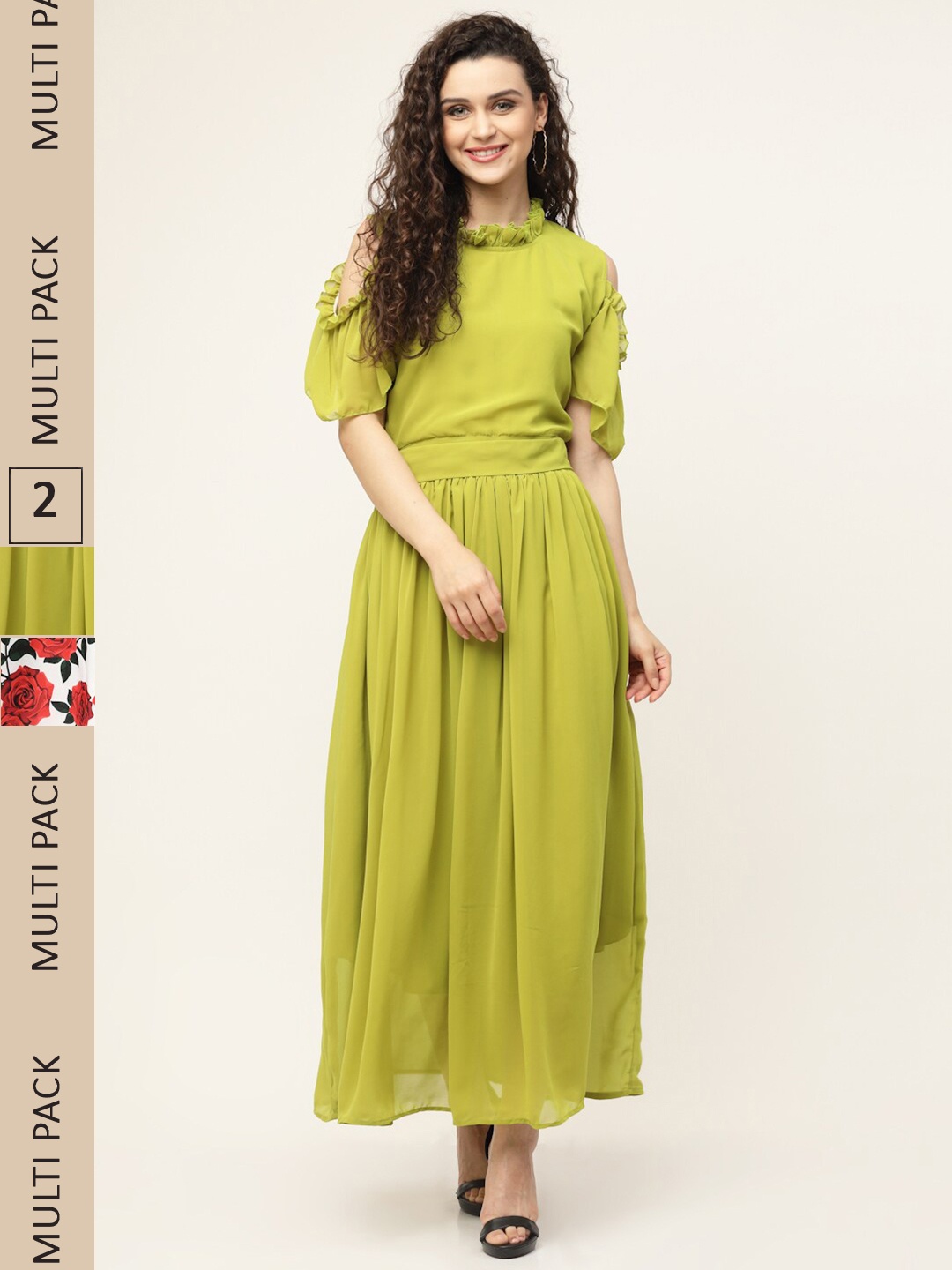 

MISS AYSE Green & White Georgette Maxi Dress