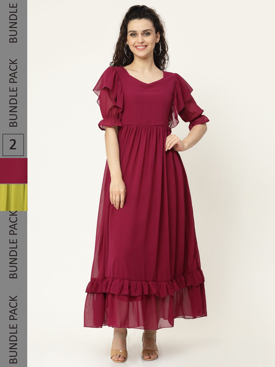 

MISS AYSE Maroon & Green Pack Of 2 Georgette Maxi Dress