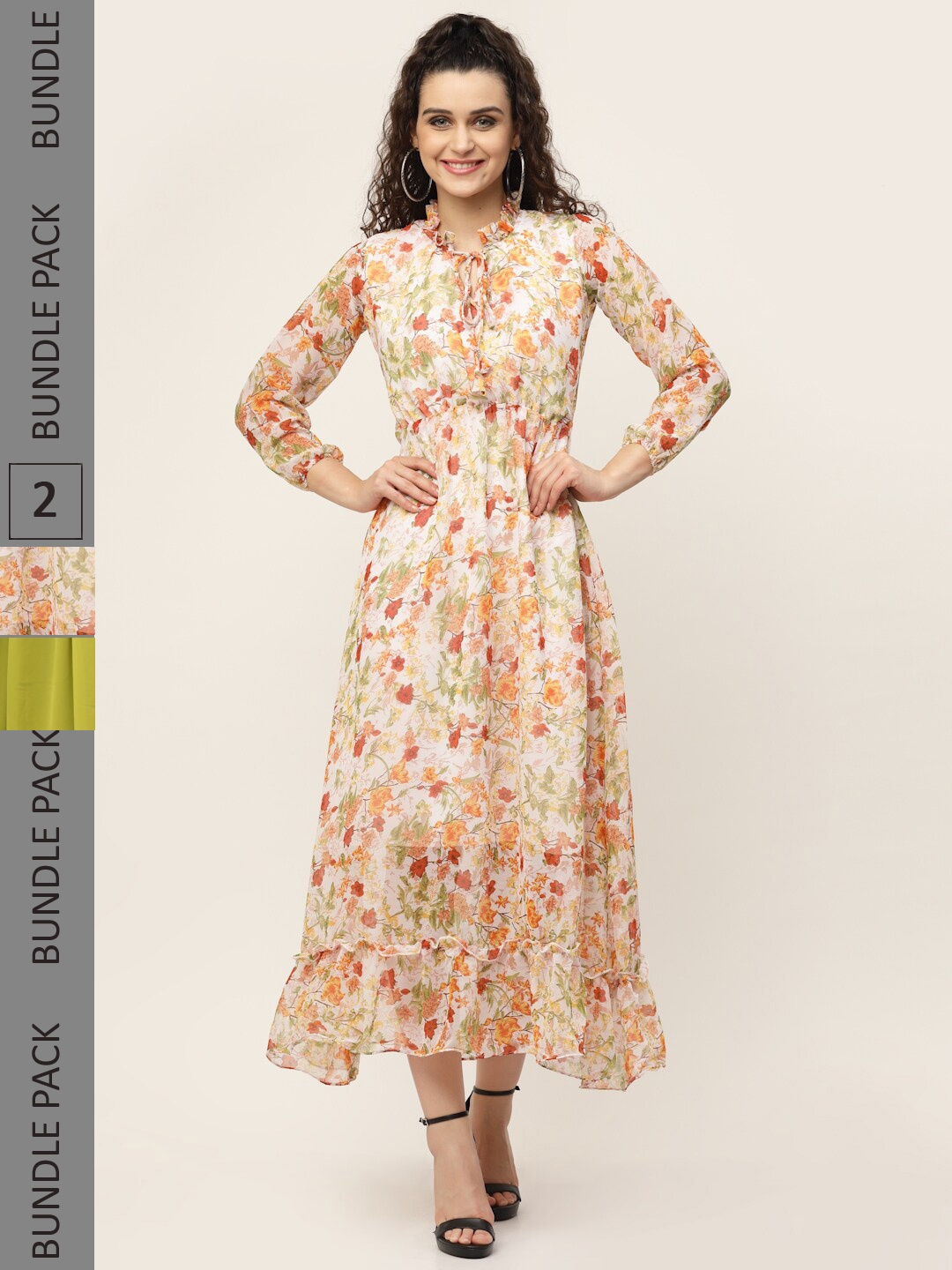 

MISS AYSE White & Green Pack Of 2 Floral Tie-Up Neck Georgette Maxi Dress