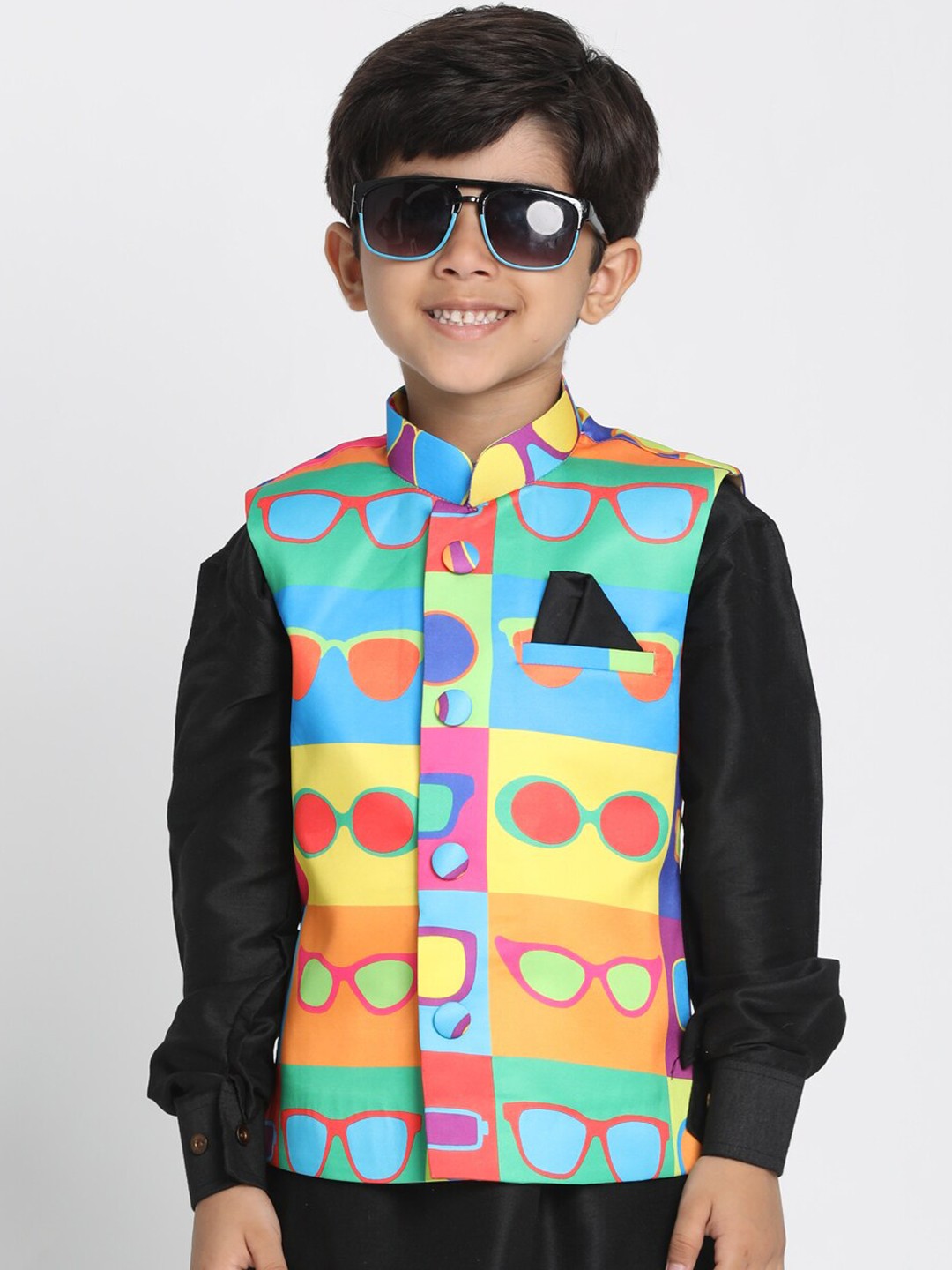 

JBN Creation Boys Blue & Yellow Printed Slim-Fit Nehru Jacket, Multi
