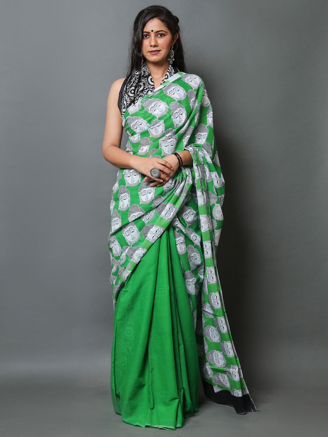 

BUTA BUTI Green & Grey Printed Pure Cotton Saree