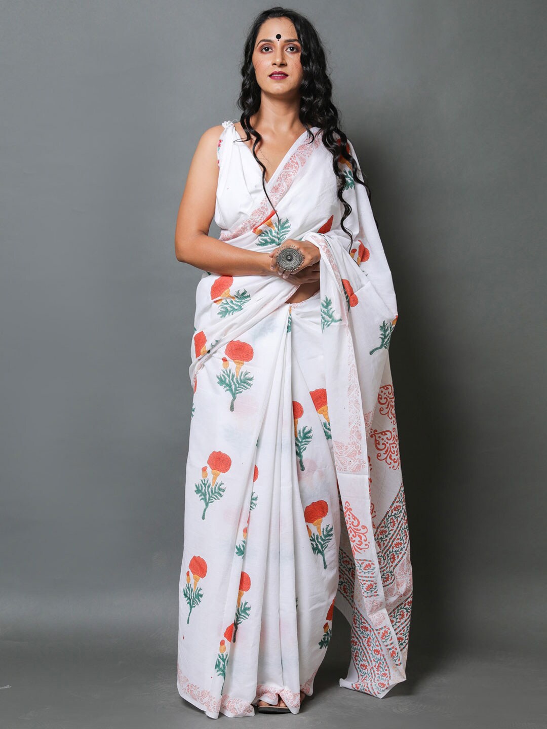 

BUTA BUTI White & Orange Floral Pure Cotton Saree