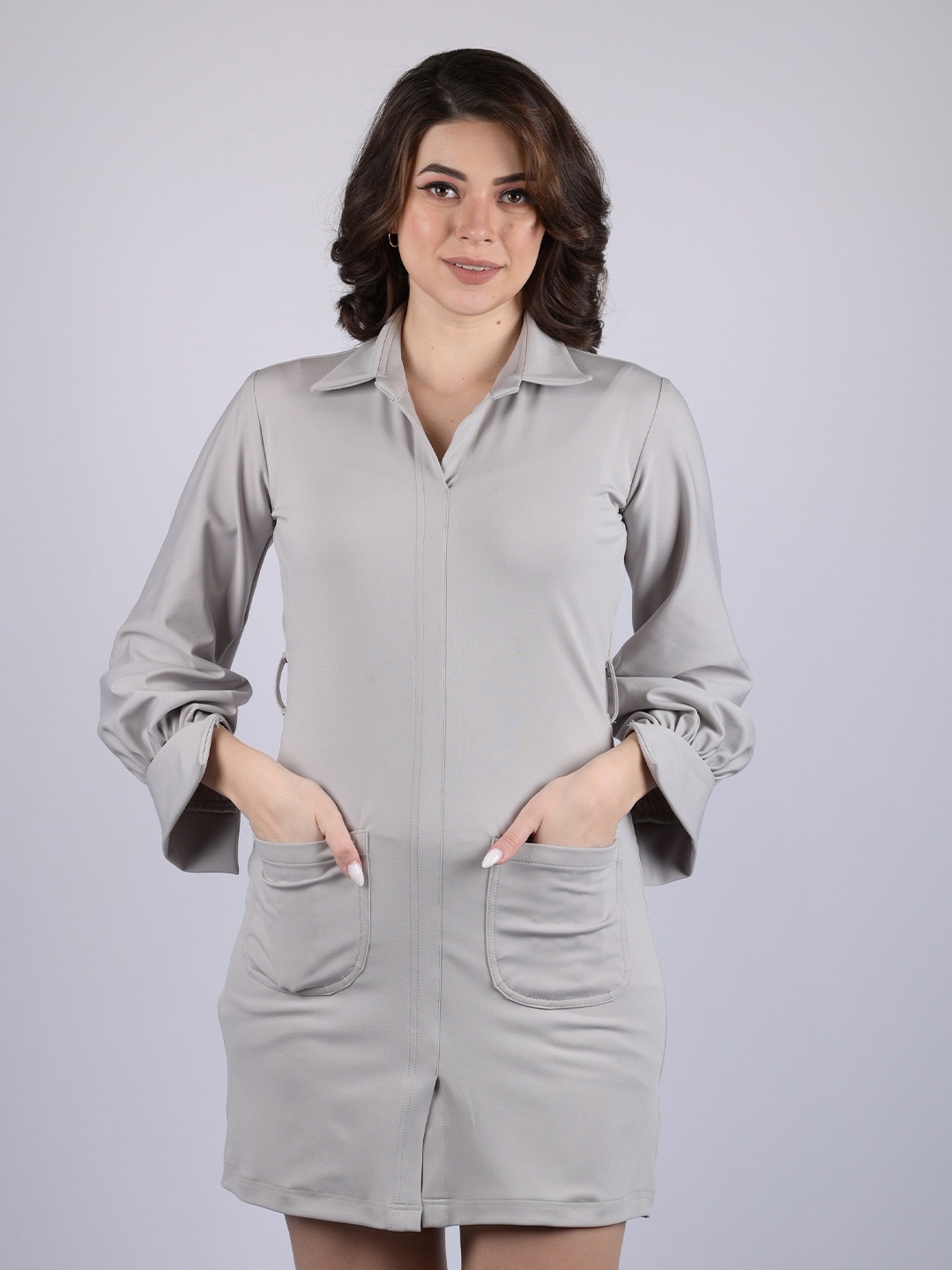 

OWO THE LABEL Cuffed Sleeves Shirt Dress, Grey