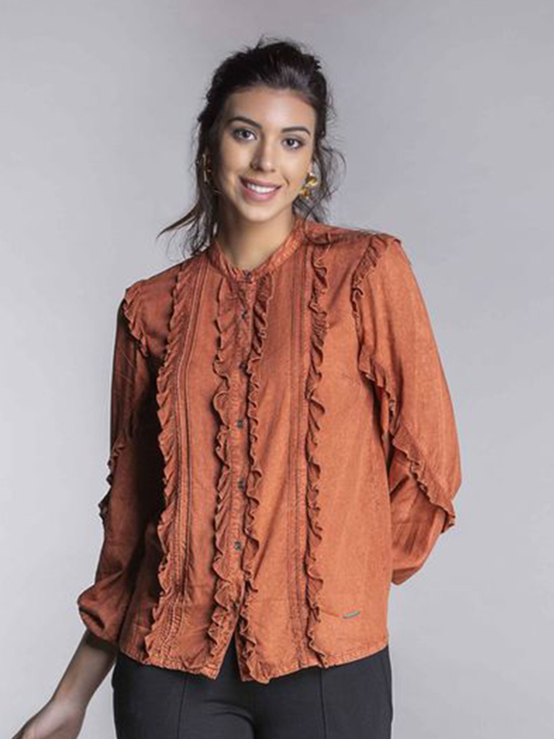 

MKOAL Women Copper-Toned Relaxed Mandarin Collar Casual Shirt