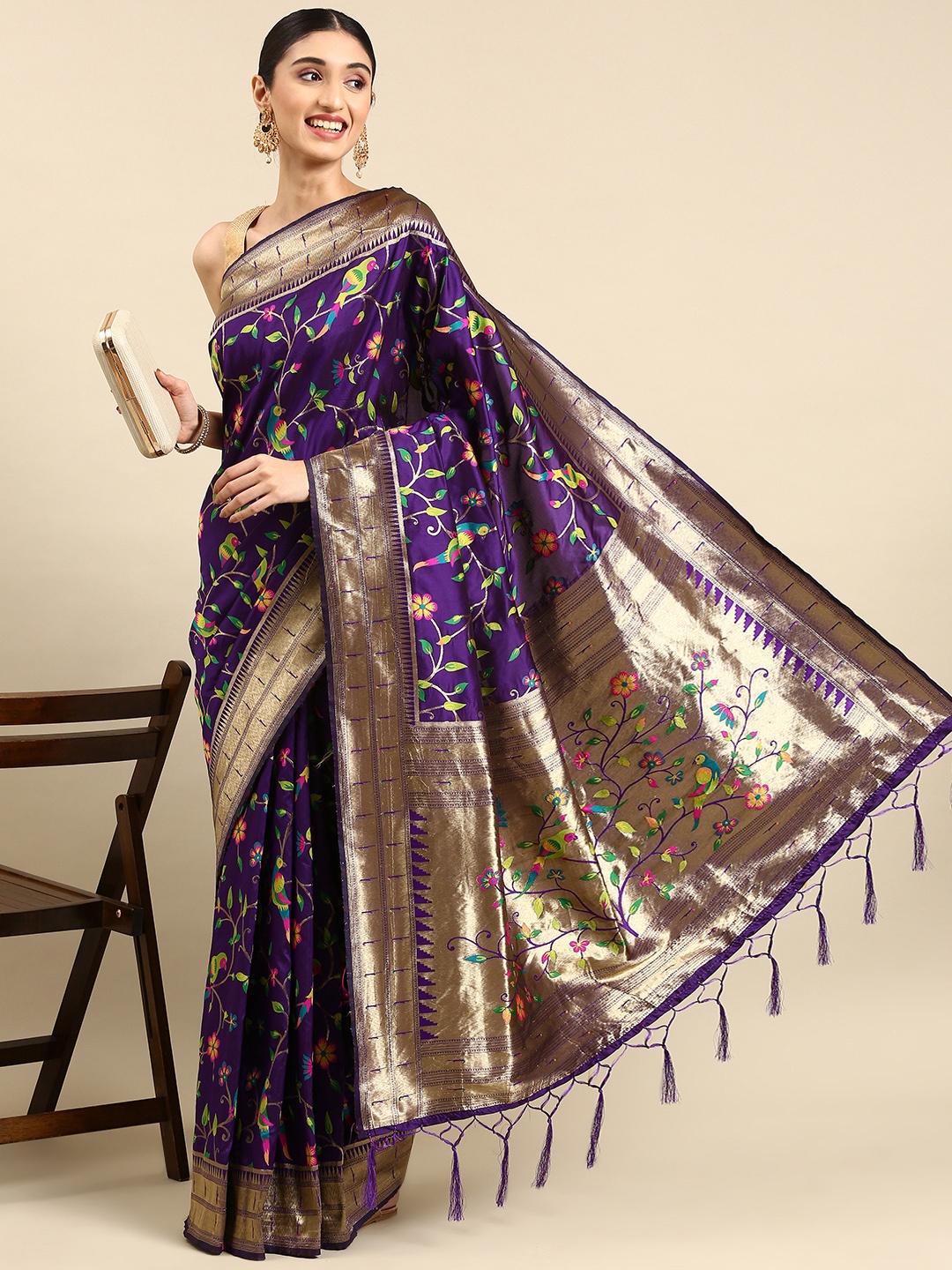 

Mitera Woven Design Zari Silk Blend Paithani Saree, Purple