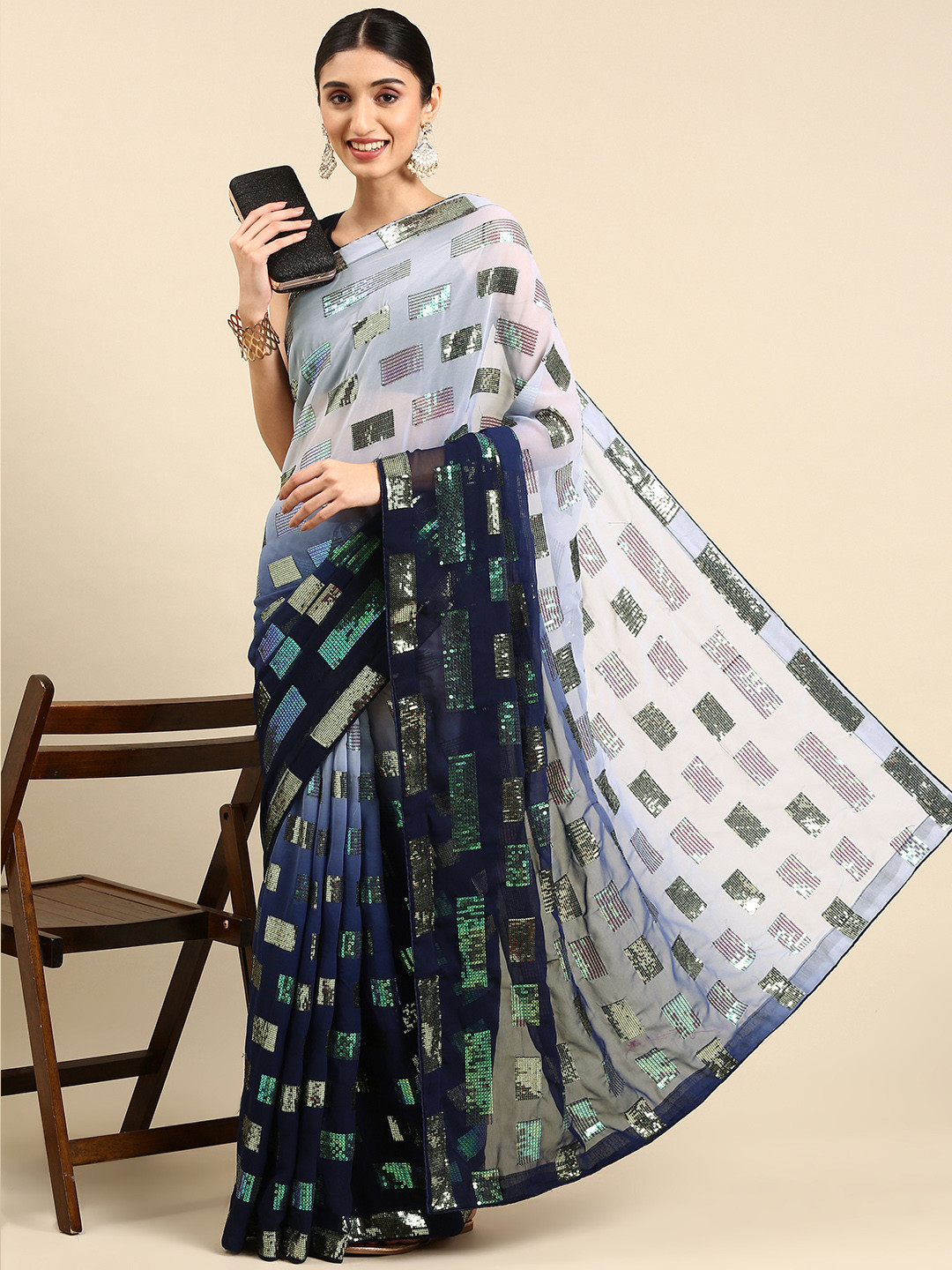 

Mitera Embellished Sequinned Saree, Blue