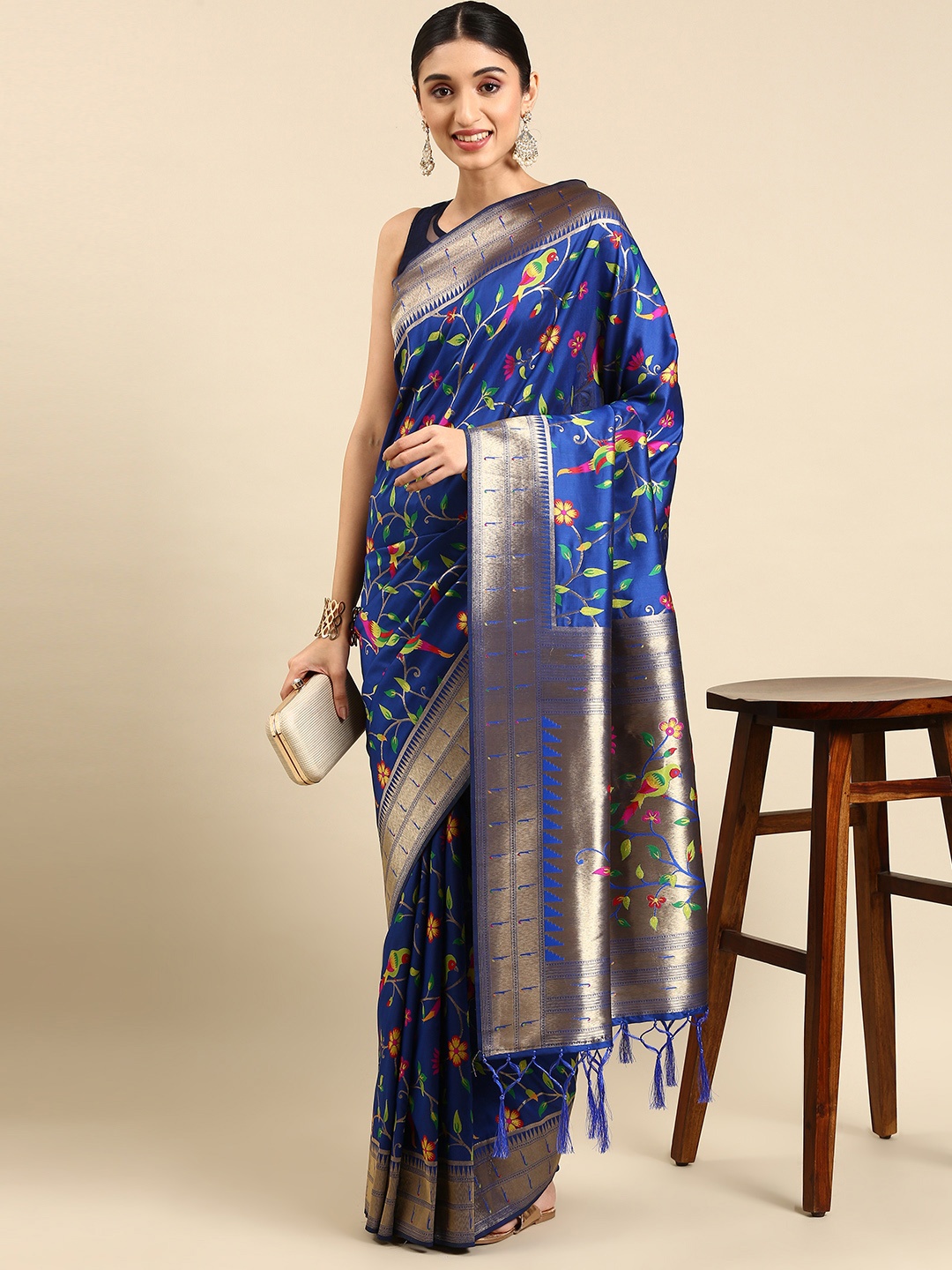 

Mitera Ethnic Motifs Zari Silk Blend Paithani Saree, Blue