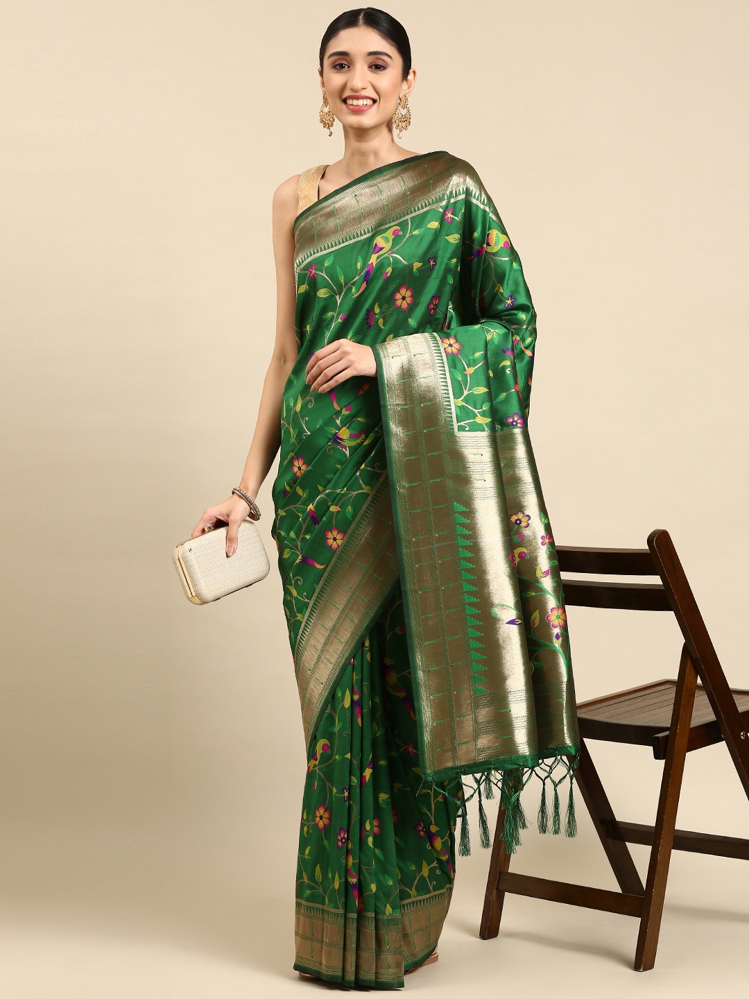 

Mitera Woven Design Zari Silk Blend Paithani Saree, Green